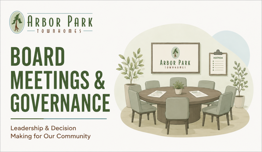 Illustrated Arbor Park Townhomes board meetings and governance graphic with conference table and scales of justice.