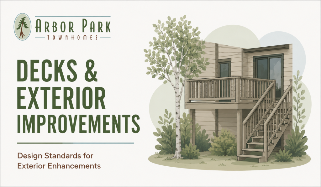  Illustrated Arbor Park Townhomes deck and exterior improvements graphic showing a townhouse staircase and exterior railing.