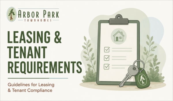  Illustrated Arbor Park Townhomes leasing and tenant requirements graphic featuring keys and lease documents.
