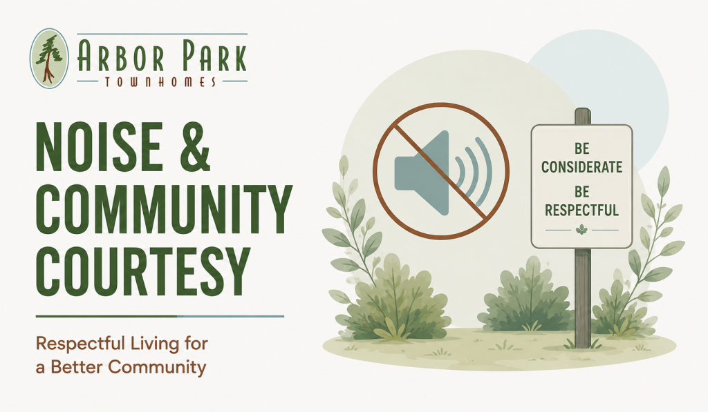  Illustrated Arbor Park Townhomes noise and community courtesy graphic featuring muted speaker icon and natural elements.
