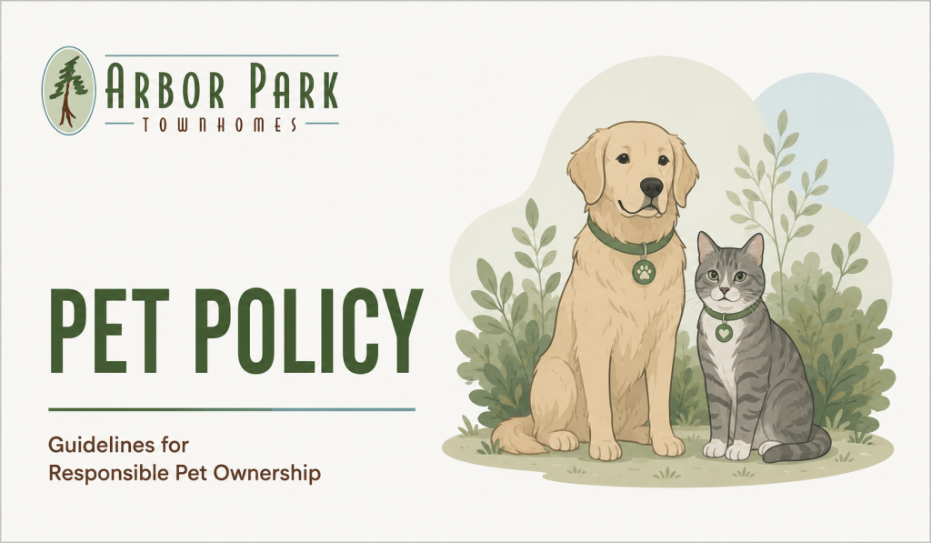  Illustrated Arbor Park Townhomes pet policy graphic featuring a dog and cat in a soft community setting.