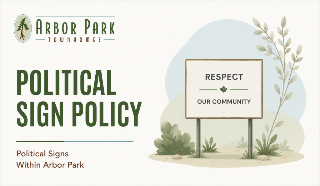  Illustrated Arbor Park Townhomes political sign policy graphic featuring a community sign in landscaped surroundings.