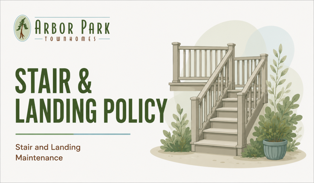  Illustrated Arbor Park Townhomes stair and landing policy graphic featuring exterior townhouse stairs and landscaping.